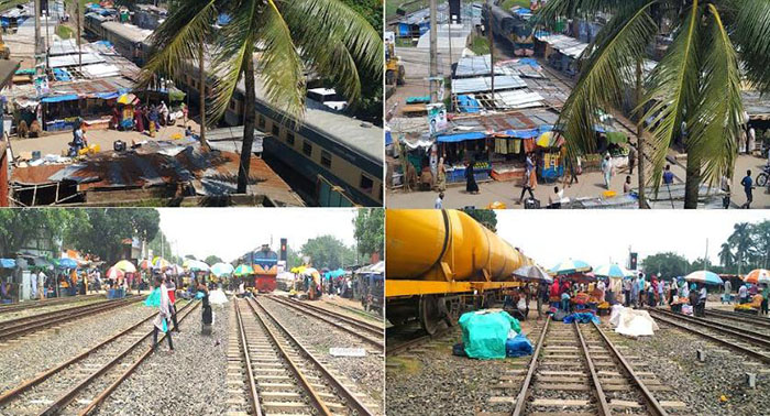 সান্তাহার রেলওয়ে লেভেলক্রসিংয়ের মধ্যে বাজার, ঝুঁকি নিয়ে চলে ট্রেন 
